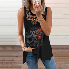 Women's sleeveless hot drilled vest print T-shirt with hollowed-out design, stylish and casual women's shirt by My Store.