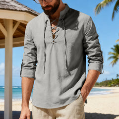 Men's casual long-sleeve linen Henley shirt in a linen casual set, featuring a relaxed fit and neutral color, stylish and comfortable.