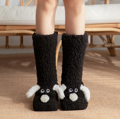 Women's plush dog socks featuring cozy, soft fabric with cute dog pattern, designed for comfort and warmth.