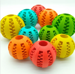Interactive rubber slow feeder dog ball by My Store, showing a textured, colorful toy designed to engage dogs during play and feeding.