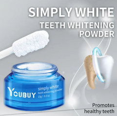 Teeth whitening brightening powder from My Store in a clear jar, showing white powder inside for dental whitening and smile enhancement.