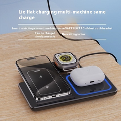 3-in-1 LED fast wireless charger stand displaying a foldable charging station with multiple device charging areas.