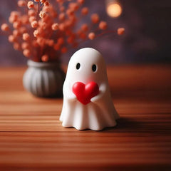 Spooky Halloween ghost ornament with white fabric body and black eyes, perfect for Halloween decorations.