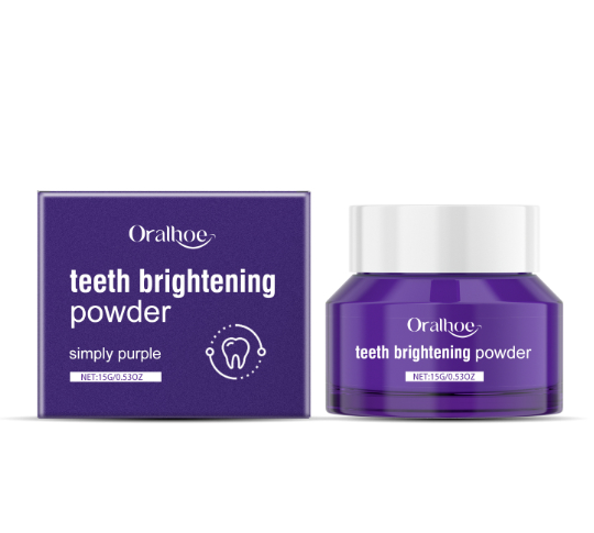 Natural tooth powder by My Store in a clear jar, showing white powder and a wooden spoon for oral hygiene use.