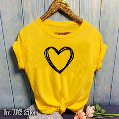 Women’s short sleeve heart print T-shirt with O-neck, loose fit, casual summer top, featuring a pink heart design.