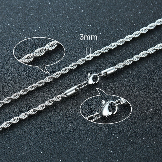 Twisted Rope Figaro necklace with multiple chain links, in silver tone, showcasing elegant jewelry design.