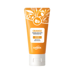 Orange exfoliating whitening gel for skin care in a clear tube, with fresh orange slices and a smooth gel texture visible.