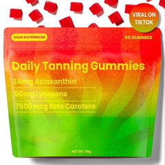 Sun Tanning Soft Gummies by My Store, showing a close-up of 60 soft gummies in a transparent container with colorful gummies inside.