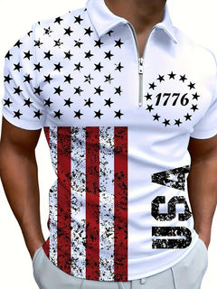 Men's 3D digital print zip-up polo shirt with vibrant design, front zipper, and classic collar, displayed on a mannequin.