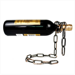 Metal suspension chain wine rack holder with hooks for hanging wine bottles, designed for stylish kitchen or bar storage.
