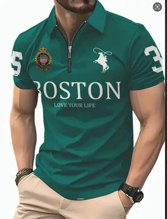 Men's 3D digital print zip-up polo shirt with vibrant design and collar, featuring a front zipper and short sleeves.