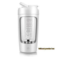 Electric portable whey protein shaker bottle with a sleek design, featuring a flip-top lid and mixing ball, ideal for on-the-go fitness.
