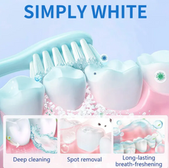 Teeth whitening brightening powder in a jar, showing the white powder and natural ingredients, designed for dental brightening.