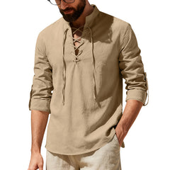 Men’s casual linen Henley shirt with long sleeves, beige color, featuring a buttoned neckline and relaxed fit.