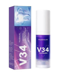 V34 Tooth Cleaning Mousse by My Store, close-up of the white foam in a dental care container for oral hygiene.