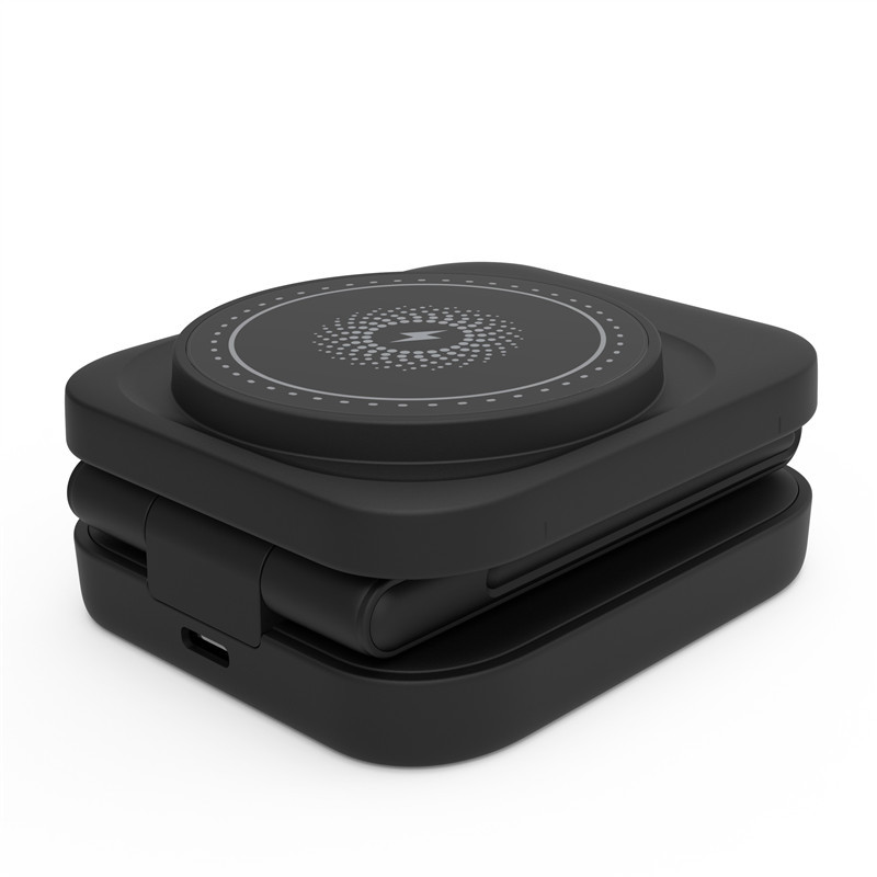 Foldable wireless charger with 3-in-1 design, featuring a sleek black finish and multiple charging ports for smartphones and accessories.