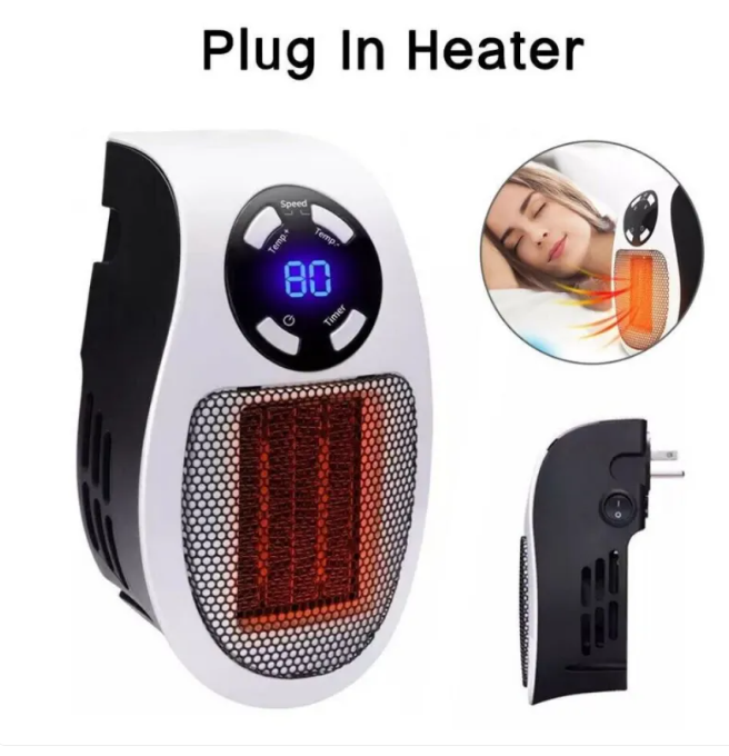 My Store VersaHeat portable wall-mounted space heater shown mounted on the wall with vents and control panel visible.