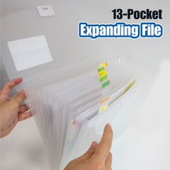 Translucent poly expanding file with 13 letter-sized pockets for organized document storage.