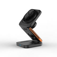 Wireless charging station with foldable design for smartphones, compatible with multiple devices, in sleek black finish.