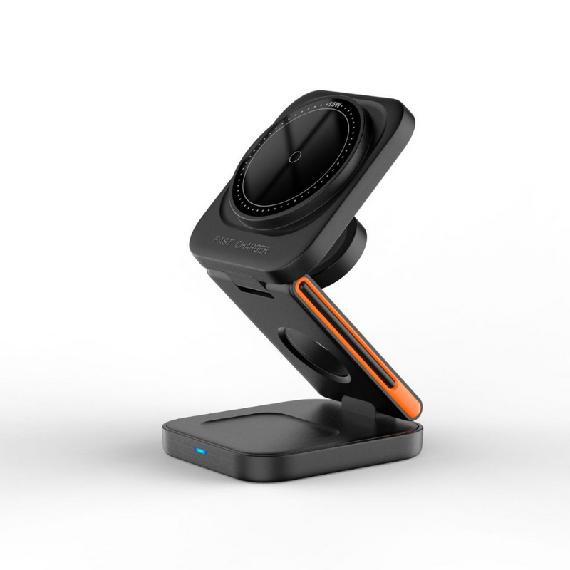 3-in-1 folding wireless charger by My Store showing a compact, foldable design with charging pads for multiple devices.