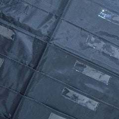 Hanging file holder organizer rack with 10 file pockets and 10 supply pockets for office or home storage.