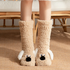 Women’s plush dog socks featuring cute dog patterns and soft, cozy fabric for comfortable wear.