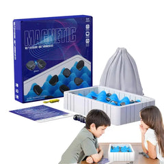 Magnetic chess board game with black and white pieces arranged on a portable, foldable chessboard for strategic play.