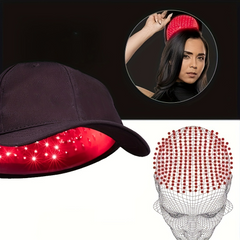Red light therapy cap from My Store featuring a sleek black design with embedded red LED lights for scalp treatment.