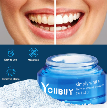 White teeth whitening powder from My Store displayed in a clear jar with a spoon for application.