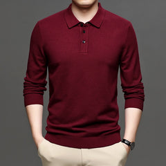 Men's navy lapel knit pullover sweater featuring a collared neckline and ribbed cuffs, from My Store.
