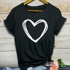 Women’s short sleeve heart print T-shirt with O-neck, loose fit, casual summer tee, featuring a cute heart design.