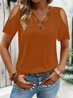 Women’s loose-fit cross-over V-neck off-the-shoulder short-sleeve T-shirt from My Store, shown in a casual, relaxed fit style.