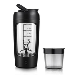 Electric portable whey protein shaker bottle with a sleek design, featuring a built-in motor for smooth mixing, in black and silver.