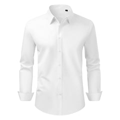 Men's white long sleeve wrinkle-free dress shirt with slim fit soft stretch fabric, suitable for business, casual, or formal occasions.