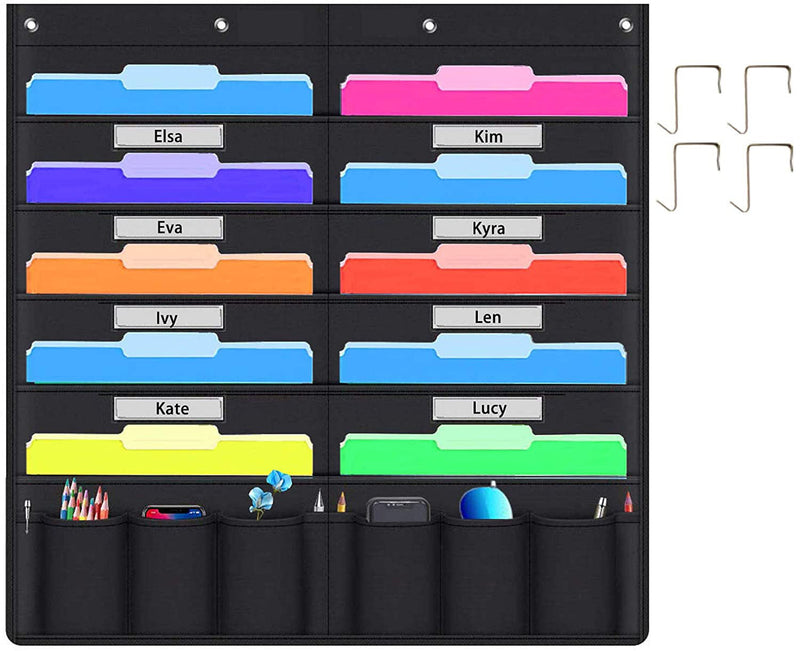 Hanging file holder organizer rack with 10 file pockets and 10 supply pockets, ideal for office or desk organization.