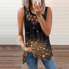Women's sleeveless vest with hollowed-out design and printed pattern, featuring hot drilled details, from My Store women's shirts collection.
