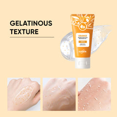 Orange exfoliating whitening gel for skin care by My Store, showing the gel's texture and bright orange color in a jar.