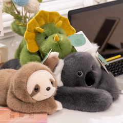Colorful plush toy set including panda, koala, sloth, dinosaur, bear, and small panda stuffed dolls for kids play and cuddling.