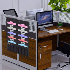 Hanging file holder organizer rack with 10 file pockets and 10 supply pockets, ideal for office or home organization.