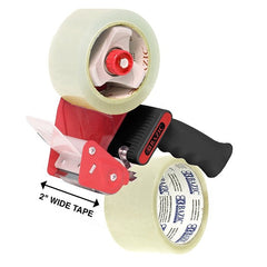 Clear packaging tape dispenser with 2-inch tape roll, featuring 1.88-inch width and 54.6 yards length for secure sealing.