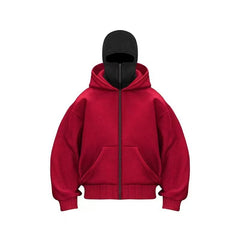 Men's hooded zip-up baseball jacket with front pockets, black color, and adjustable drawstrings, stylish and comfortable.