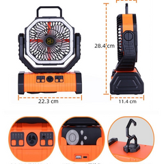 Outdoor household power bank with LED light and camping fan, portable device for outdoor use and emergency power.
