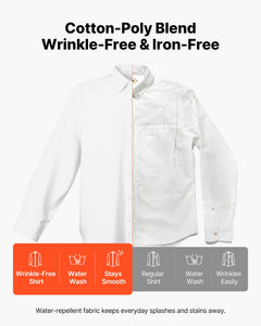 Men's white slim fit button-up dress shirt with long sleeves, wrinkle-free soft stretch fabric, suited for business, formal, or casual wear.