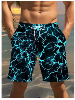 Mens casual lightning-print shorts with a relaxed fit, featuring bold lightning designs on lightweight fabric.