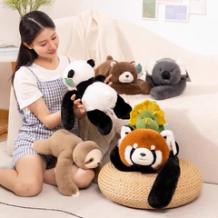 Colorful collection of plush stuffed animals including panda, koala, sloth, dinosaur, bear, and small panda soft toys for kids
