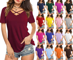 Women’s V-neck short sleeve loose T-shirt with front cross design, in soft fabric, by My Store.