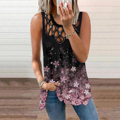 Women's sleeveless vest with hollowed-out and drilled print design, featuring a stylish hot drill pattern, from My Store's women's shirts collection.