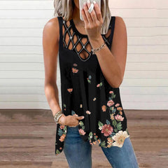 Women's sleeveless vest t-shirt with hollowed-out and hot drilled print design, featuring a stylish sleeveless cut.