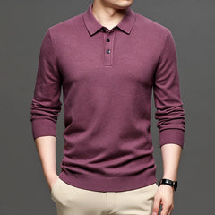 Men's navy blue knit pullover sweater with lapel collar, featuring ribbed cuffs and a relaxed fit, from My Store.