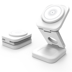 Foldable 3-in-1 wireless charger from My Store with space for smartphone, smartwatch, and earbuds on a sleek surface.